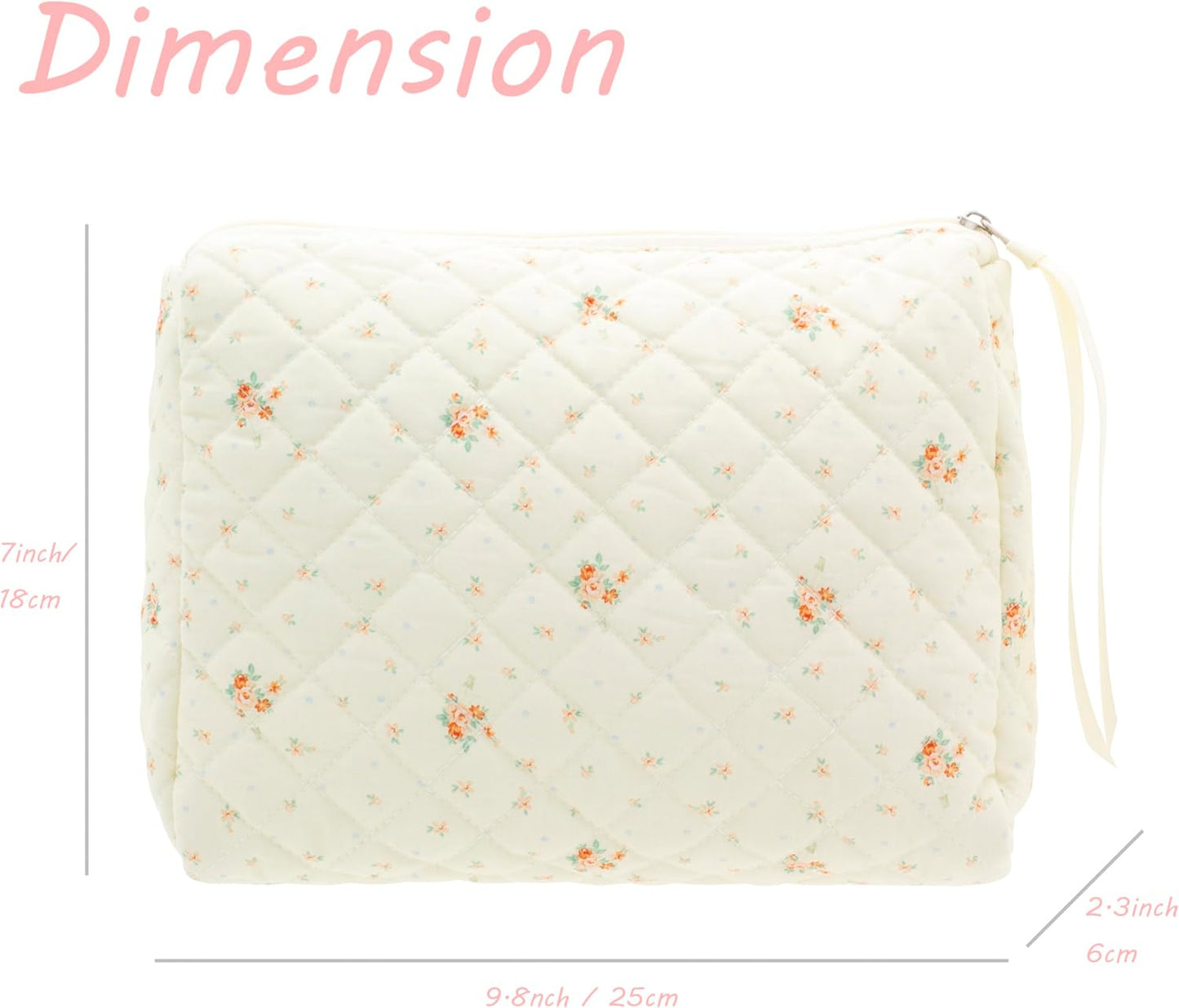 PAZIMIIK Quilted Makeup Bag Large Travel Zipper Soft Cosmetic Pouch for Women Girls Make Up,Floral White