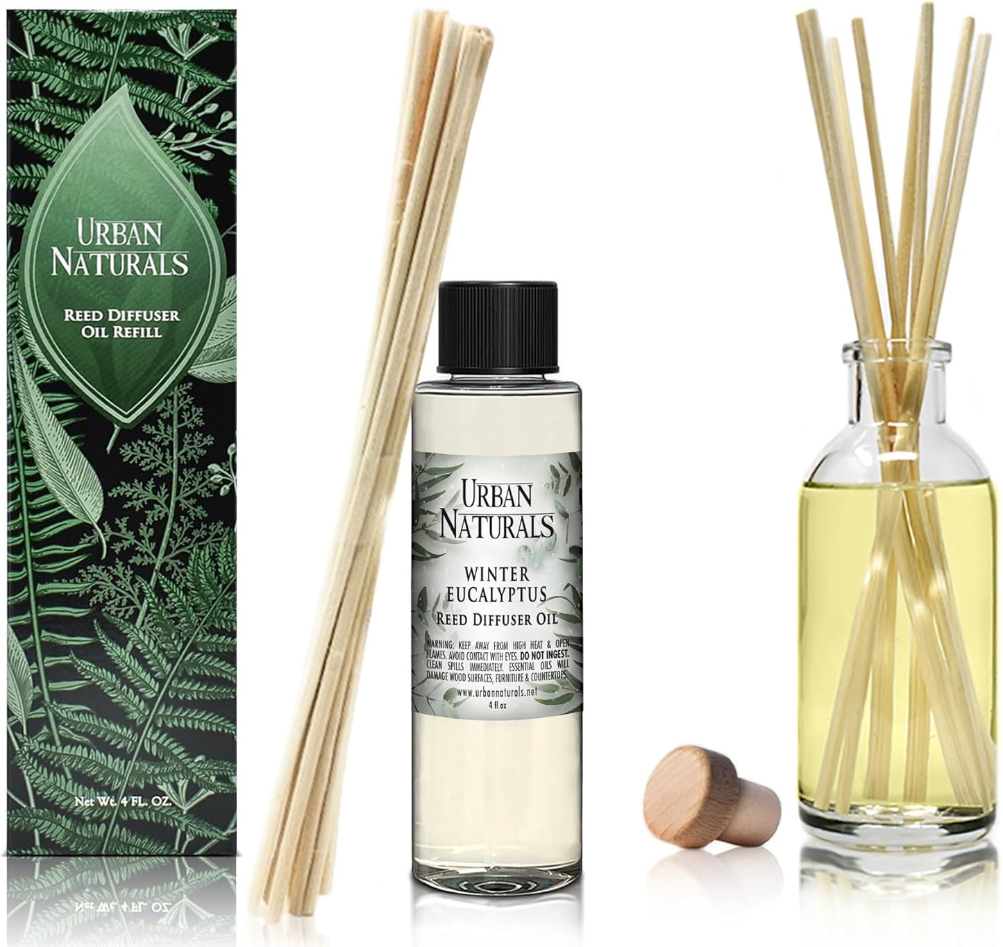 Urban Naturals Reed Diffuser Oil Refill Winter Eucalyptus, Crisp Eucalyptus, Mint, Spruce, Cedar, Essential Oils, 4 oz + Free Reed Sticks, Made in The USA