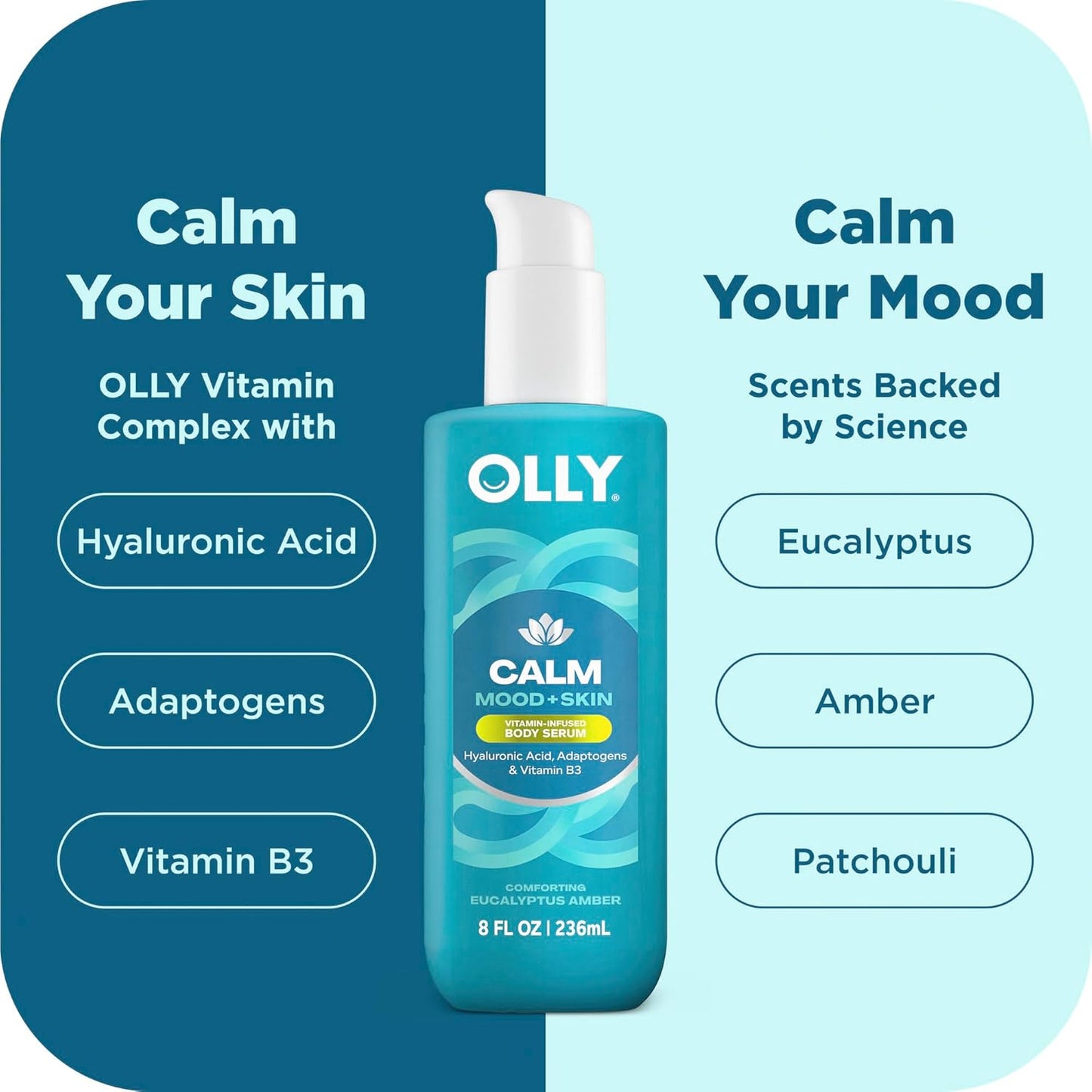 OLLY Calm Body Lotion-Serum with Hyaluronic Acid, Adaptogens & Vitamin B3– Nourishing Cleanser for Skin Barrier Repair, Deep Hydration, Eucalyptus Amber Scent, 8oz