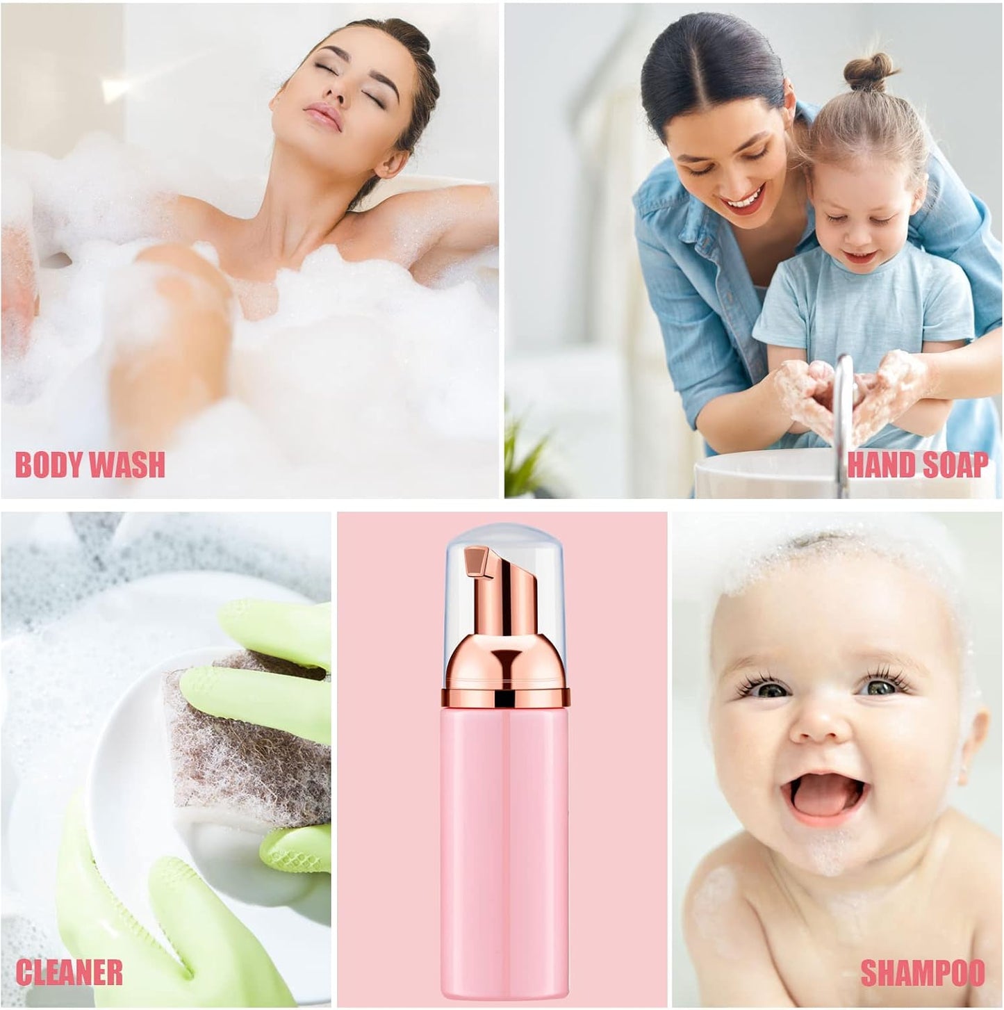 Lil Ray 2 Oz Empty Pink Foam Pump Bottle, Travel Foamer Soap Dispenser for Lash Shampoo, Hand Soap, Foaming Cleaner(Rose Gold Pump, 12 PCS)