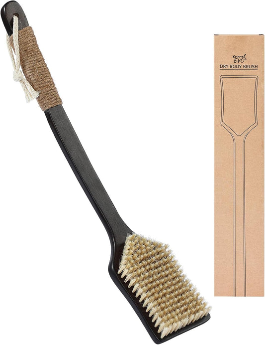 Back Scrubber Shower Brush,Dry Brushing Body Brush with 17.7 Inch Curved Long Handle, Natural Bristles for Lymphatic Drainage, Soft & Stiff Bristles Available (Stiff-Thick Boar Bristles)