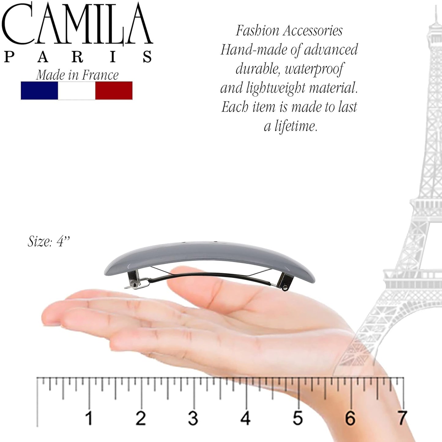 Camila Paris CP3439 French Hair Barrette Clip for Girls, Rubberized Automatic Clasp Strong Hold Grip Hair Clips for Women, No Slip and Durable Styling Girls Hair Accessories, Made in France (Gray)