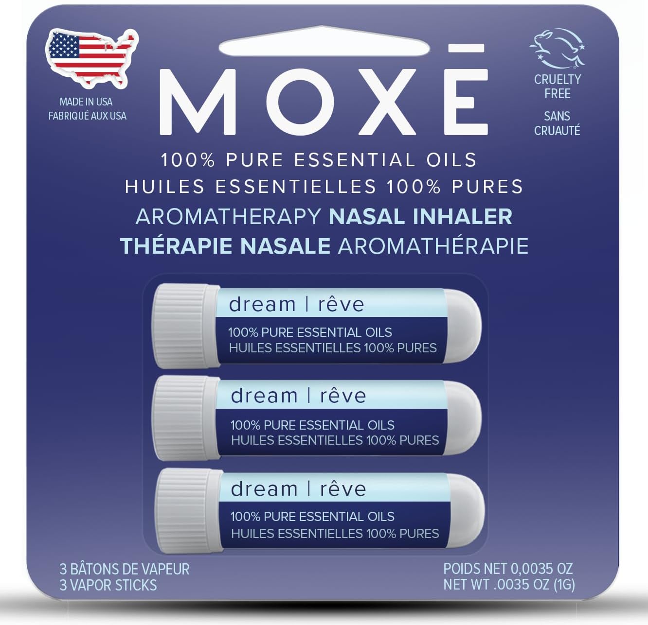 MOXĒ Dream Nasal Inhaler, Essential Oil Blend, Calming, Relaxing, Natural Tension Relief, Sleep Aid, Soothing Fragrance, Lavender, Chamomile, Lemongrass, Grapefruit, Made in USA (3 Pack)