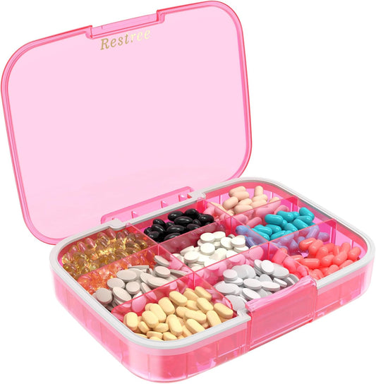 Restree Large Pill Organizer, Moisture Proof & Waterproof Travel Pill Case, Portable Medication Box with Adjustable Dividers for Vitamins Supplements Fish Oil and Daily Pills 9 Compartments (Pink)