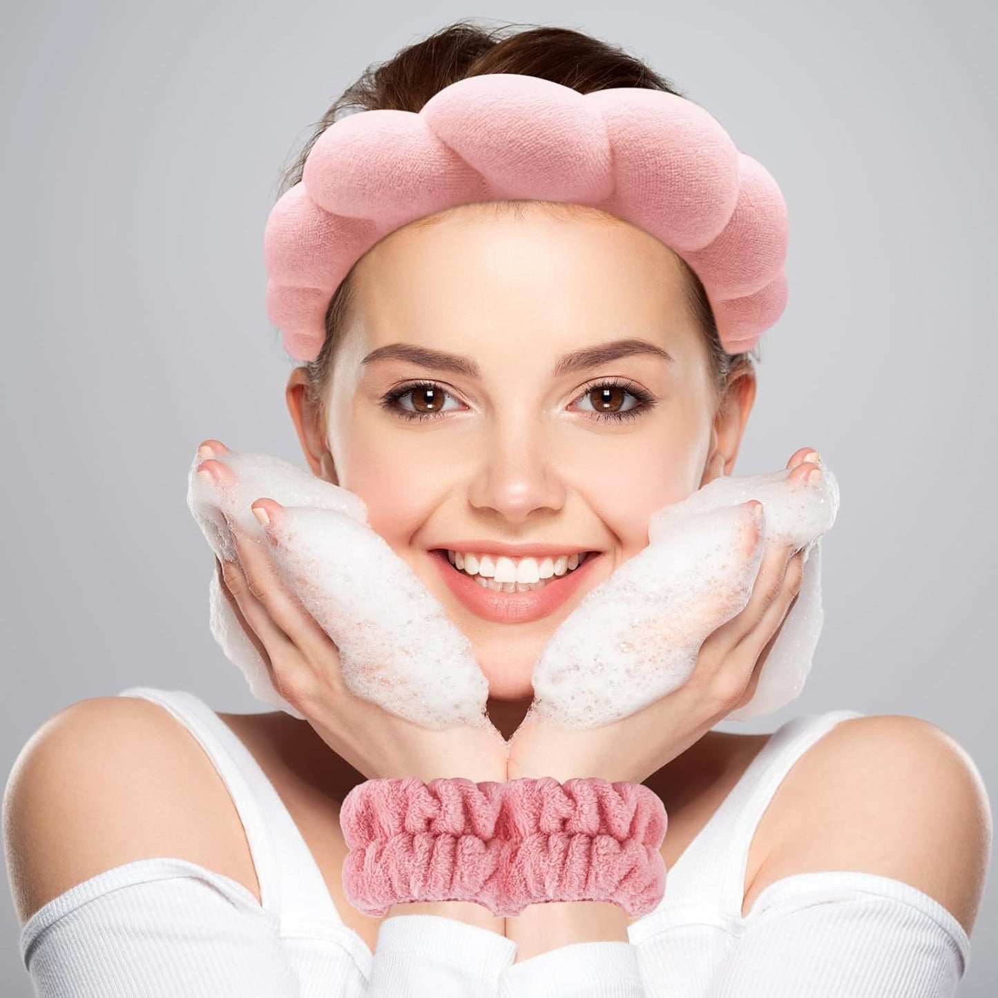 Zkptops Spa Headband for Washing Face Wristband Set Sponge Makeup Skincare Terry Cloth Bubble Soft Get Ready Hairband for Women Girl Puffy Padded Headwear Non Slip Thick Hair Accessory(Orange Pink-2)