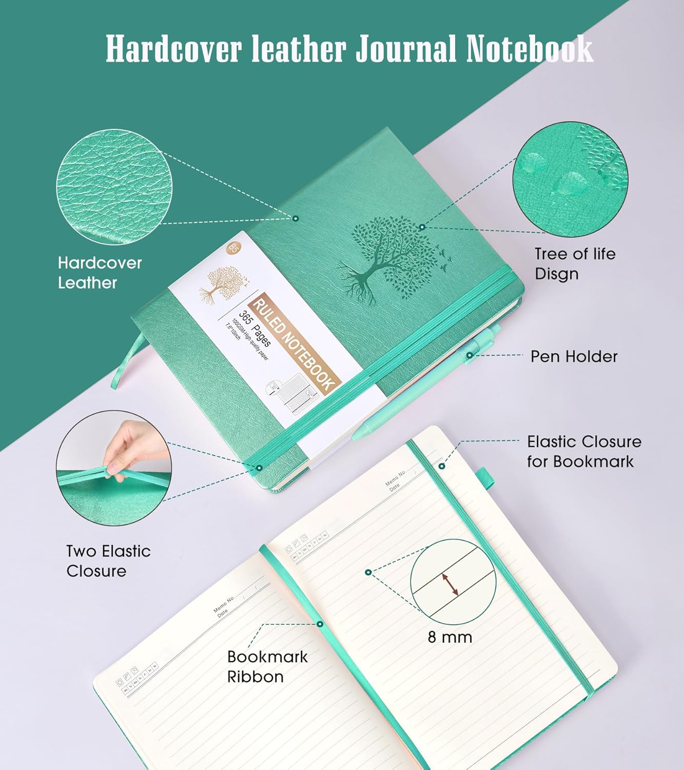 Lined Journal Notebook, 365 Pages B5 Large Journals for Writing Ruled Notebook, Hardcover Leather Journal for Women Men, Daily Notebook for Work, Note Taking, 100Gsm Thick Paper( 7.6'' X 10'' Teal)