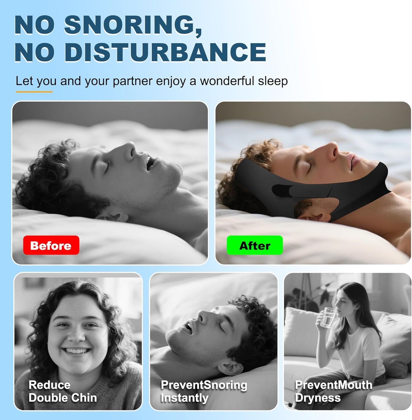 Chin Strap for Sleeping, Adjustable Chin Strap for Snoring, Anti Snoring Devices Breathable and Reusable, Comfortable Stop Snoring Solution, Anti Snore Chin Strap for Men and Women (Black)