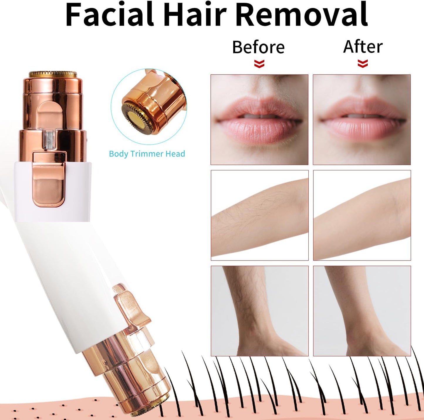 Facial Hair Removal for Women,2 in 1 Electric Hair Removal Device for Chin Upper Lip Peach Fuzz & Rechargeable Eyebrow Trimmer with LED Light for Precise Shaping