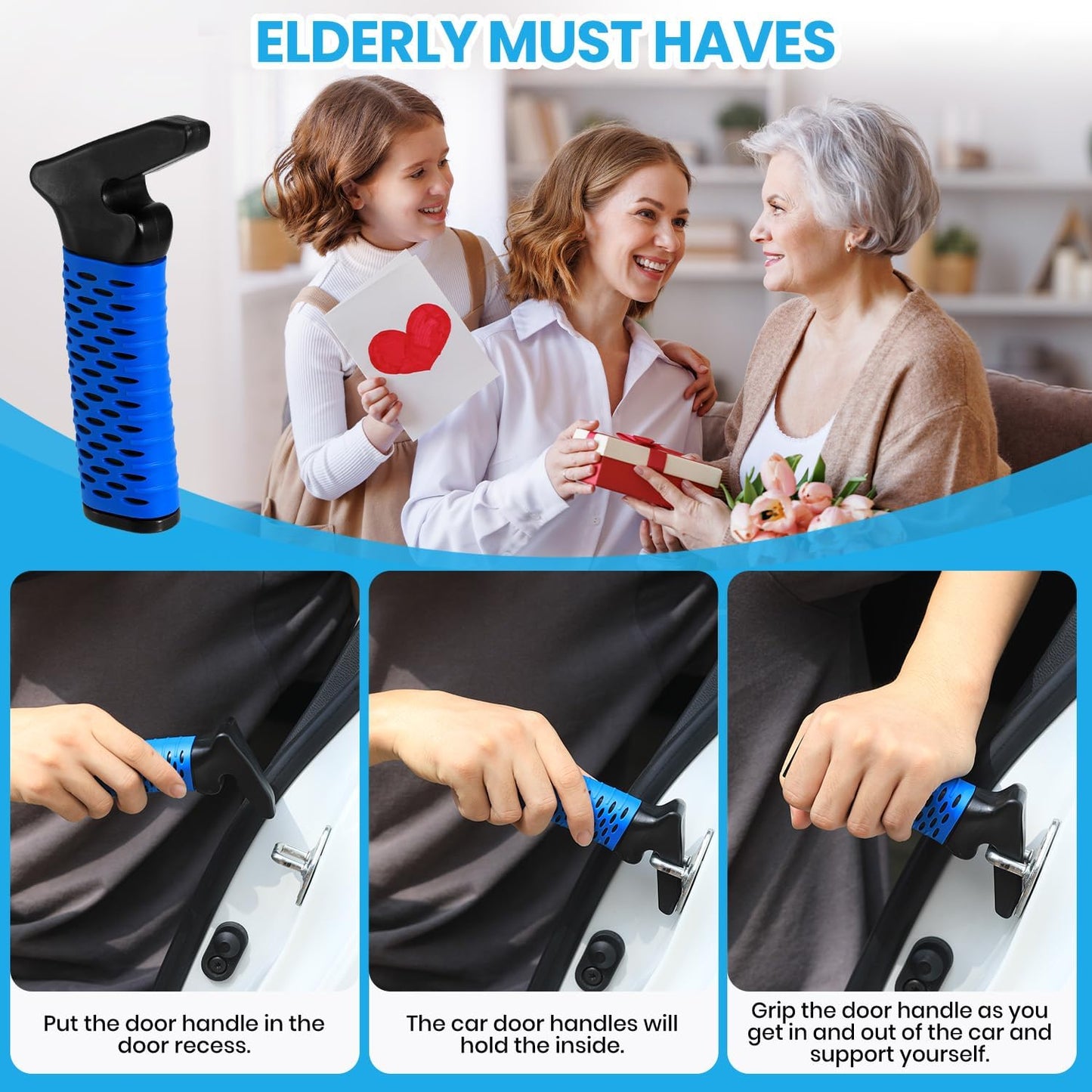Car Door Handle for Elderly, Car Handle Assist Support Handle, Portable Elderly Assistance Mobility Aids for Getting Out of Car, Auto Grab Cane for Seniors and Handicapped, Blue
