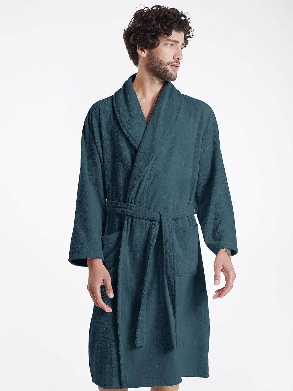 SIORO Mens Terry Bath Robe, Plush Hooded Cotton Cloth Knee-Length Robes for Spa, Shower, Soft Towel Bathrobes with Pockets