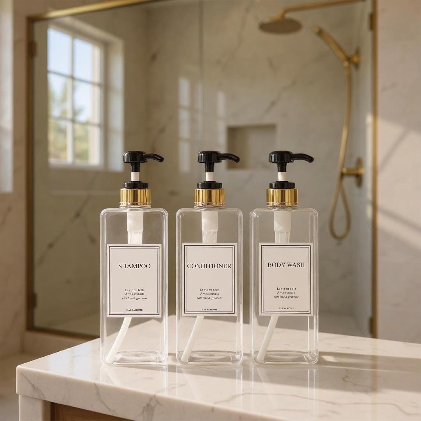 Modern Gold Design Large 27 oz Shampoo and Conditioner Dispensers - Empty Plastic Refillable Pump Bottle Set for Bathroom Shower Soap Dispenser, Set of 3 (Clear & Black)