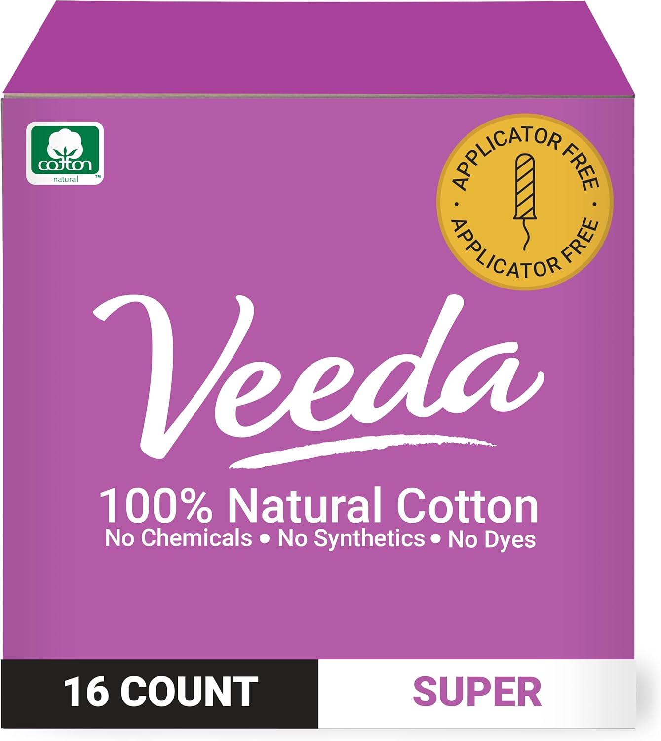 Veeda 100% Natural Cotton Tampons Super Absorbency - Non-Applicator Tampons with leak proof protection - Unscented, Chlorine & Toxin Free - 16 Count