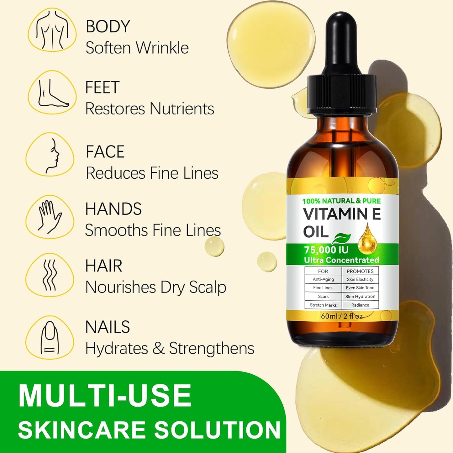 Vitamin E Oil Blend 75,000 IU, Pure Vitamin E Oil for Skin, Face and Scars, Body Bath Oils Moisturizing Dry Skin, Easy to Absorb, 2Fl Oz