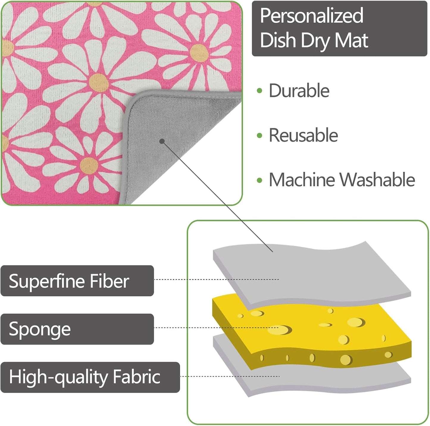 SHIYUE Dish Drying Mat for Kitchen Counter Super Absorbent Spring Kitchen Decor Microfiber Drying Matainers Rack Fast Pad Dish Drainer Mats(Pink Flower,16''x18'')