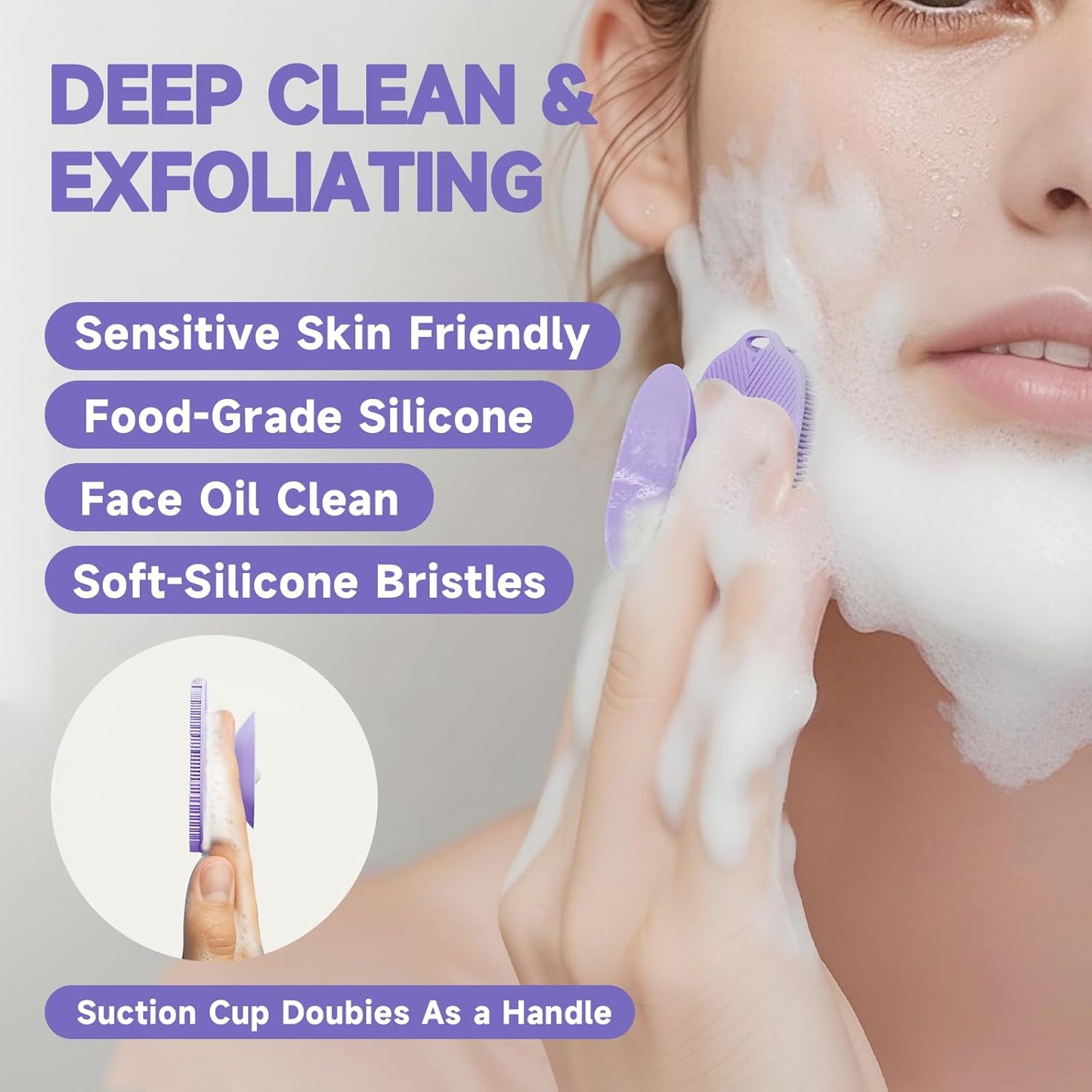2 PCS Face Scrubber, Soft Silicone Face Exfoliator with Suction Cup for Man and Women Deep Skin Clean, Gentle Facial Cleaning Brush Suitable for All Sensitive Skin (Purple)