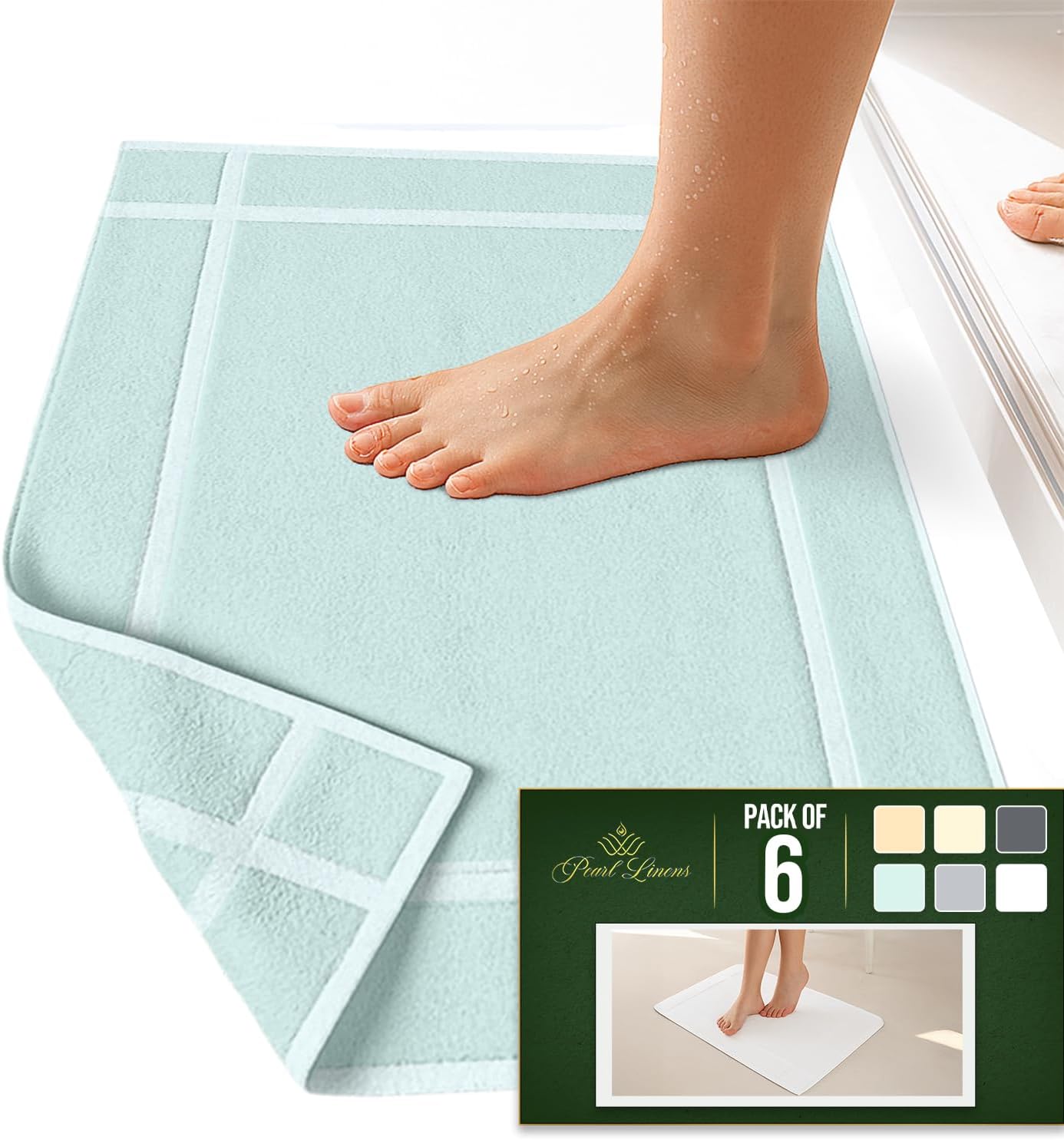 Pearl Linens Pack of 6 100% Cotton Bath Mat 20x30 inches, Soft & Absorbent Quick Dry Bathroom Mat Set, Not Bathroom Rugs, After Shower Mat, Bath Tub Mat, 687 GSM, Machine Washable, Mint Green