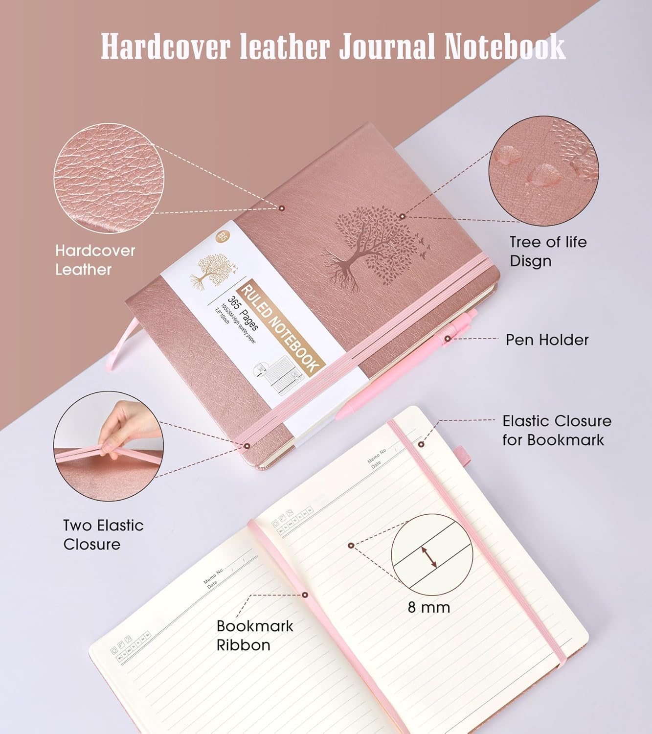 Lined Journal Notebook, 365 Pages B5 Large Journals for Writing Ruled Notebook, Pink Hardcover Leather Journals for Women Men, Daily Notebook for Work, Note Taking, 100Gsm Thick Paper( 7.6'' X 10'' Rose Gold)