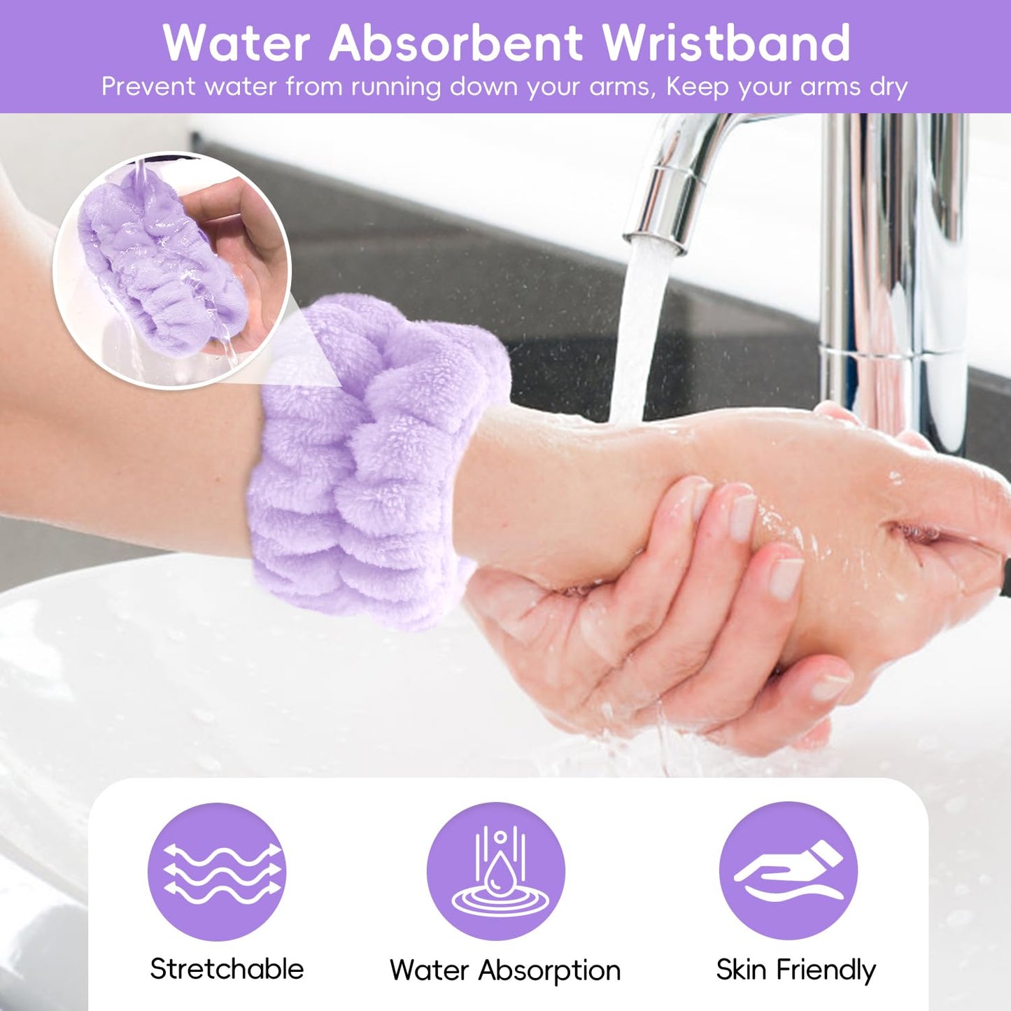 Spa Headband for Washing Face, Skincare headband and wristband set, Facial Cleansing Brush, 2-in-1 Skin Care face Brush, Come with a Hair Scrunchie For Massaging Makeup Skincare-Purple