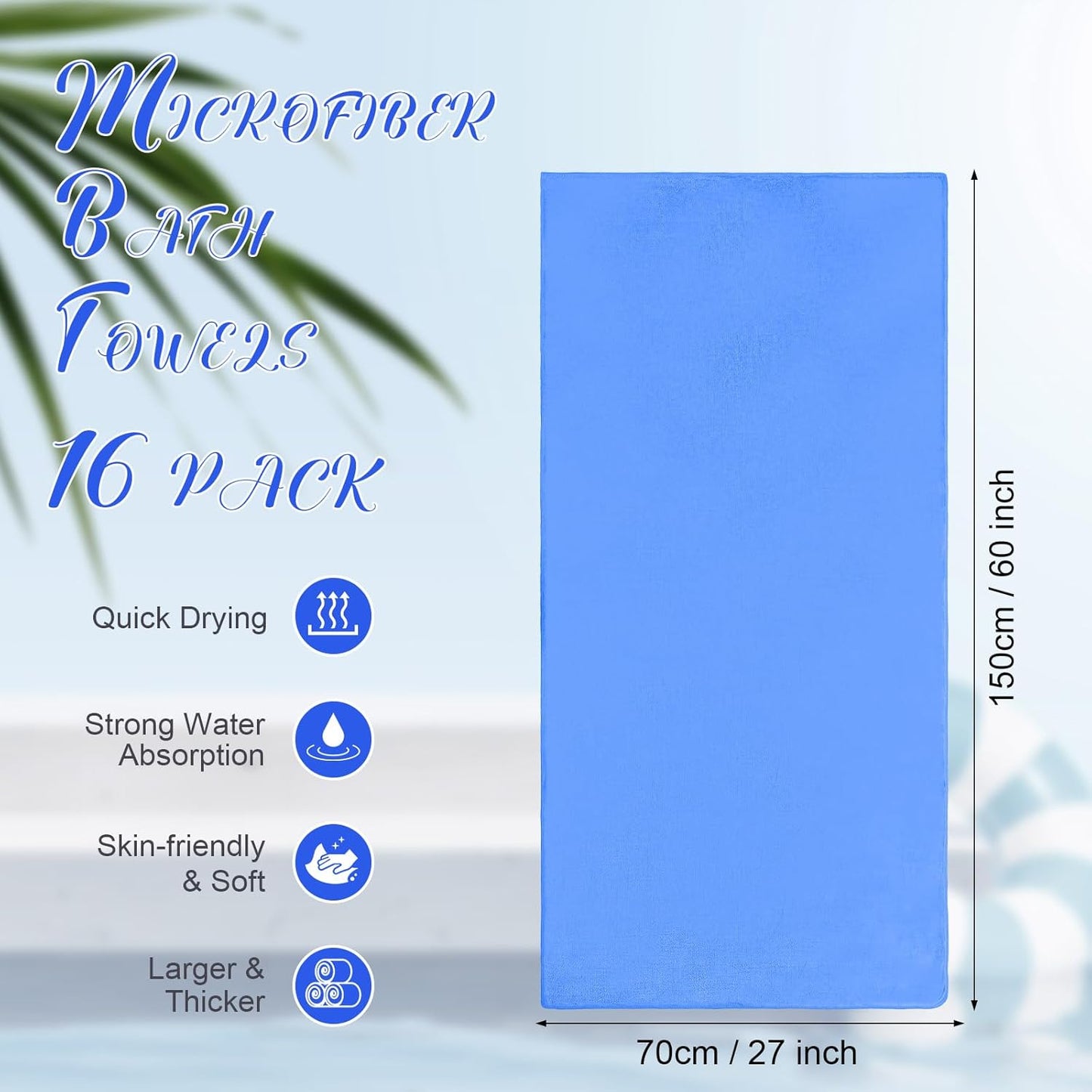 16 Pack Microfiber Bath Towels Bulk 27'' x 60'' Oversized Size Bath Towel Highly Absorbent Extra Large Soft Drying for Shower Beach Salon Winter Sport Spa Gym (Simple,Royal Blue)