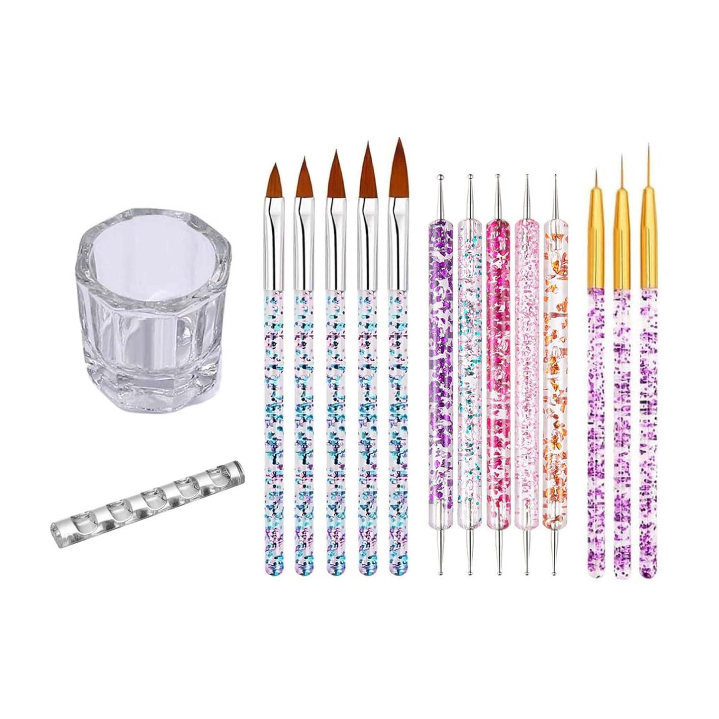 Nail Art Tools Set，including 5 Dotting Tools, 3 Striping Brushes, 5 Nail Art Brushes, 1 Brush Holder, 1 Nail Crystal Cup -Gift it to a friend or treat yourself