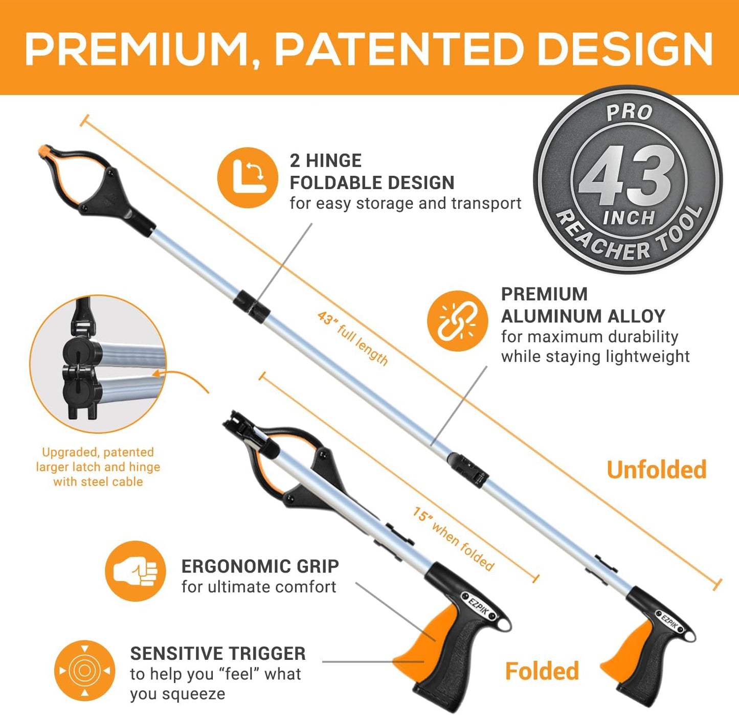 EZPIK Pro 43" Foldable Grabber Reacher Tool for Seniors - Grabbers for Elderly Reaching Tool Heavy Duty Pickup Trash Picker Upper Equipment - Claw Grabber Stick for Reaching Aids, Weed Gripper 2-Pack