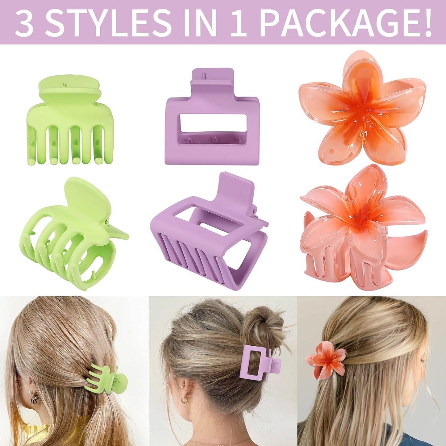 3 Styles Medium Hair Clips for Women 9 Pcs Small Claw Clips for Thin Hair Flower Hair Clips for Thick Hair Square Hair Claw Clips for Girls Hawaiian Plumeria Hair Accessories for Women (Purple)