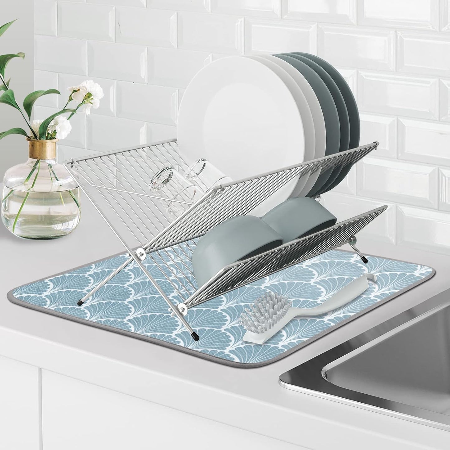 SHIYUE Dish Drying Mat for Kitchen Counter Super Absorbent Spring Kitchen Decor Microfiber Drying Matainers Rack Fast Pad Dish Drainer Mats(Aqua Blue Shell Geometric,16''x18'')