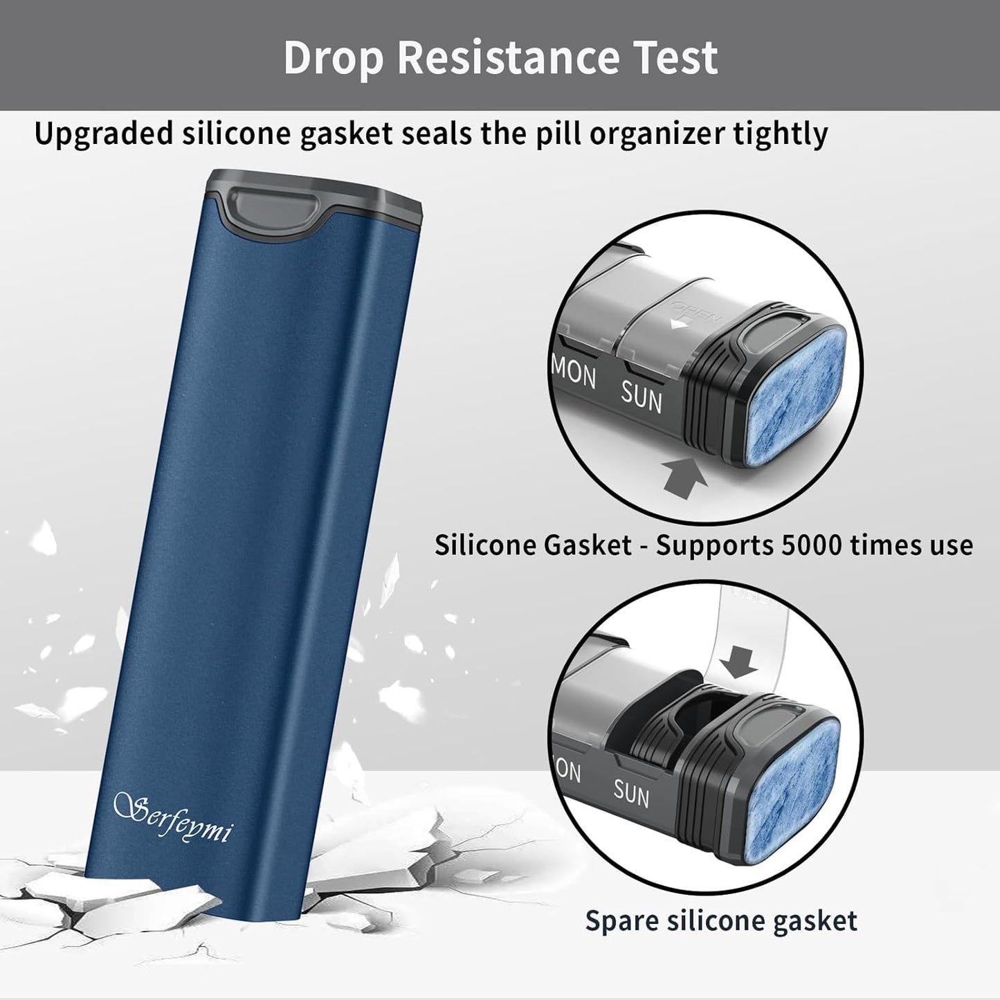 Metal Weekly Pill Organizer, Serfeymi Aluminum Daily Pill Box(Spare Gasket Provided),7 Day Pill Case Travel Medicine Organizer,Pill Containers with Individual Lid for Vitamins,Pills, Supplement-Blue