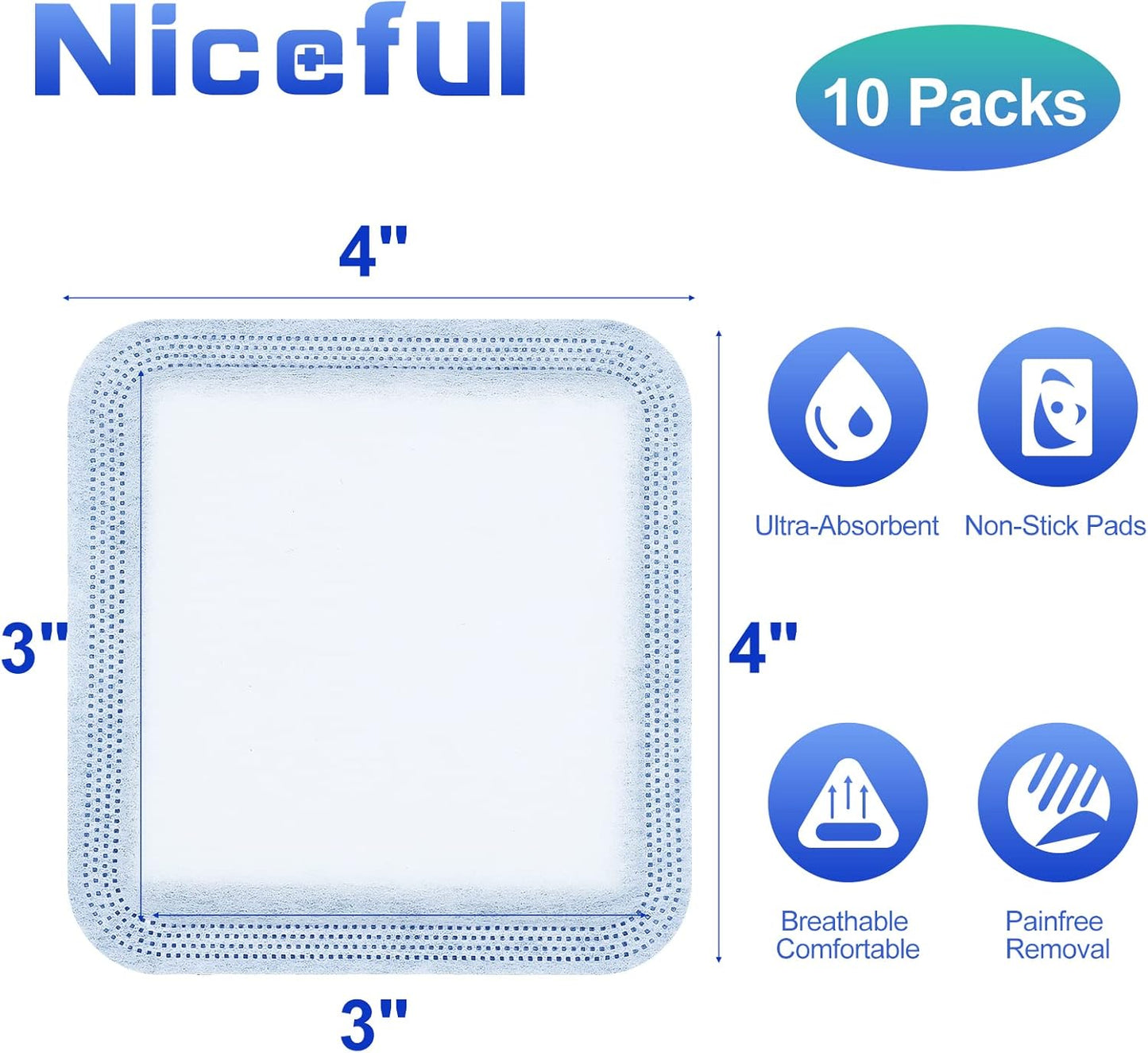 10 Count Super Absorbent Dressing Pads 4"x 4" - Non Stick Gauze Pads for Wound Care, Wound Bandages for Pressure Ulcers, Bedsores & Exudate Management