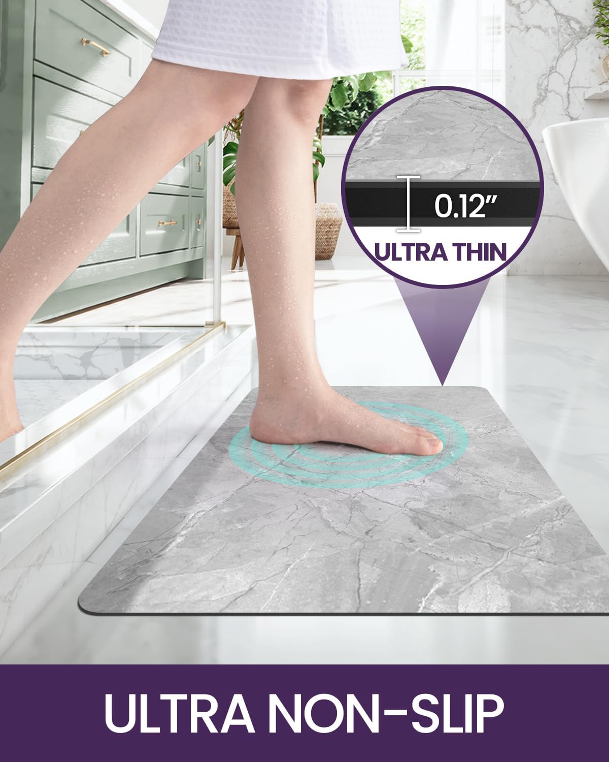 DEXI Bath Mat 16x24, Non Slip Quick Dry Rugs, Super Absorbent Ultra Thin Marble Bathmat, Washable Rubber Mats for Shower Floor, in Front of Bathtub, Sink, Bathroom Accessories Decor, Light Grey