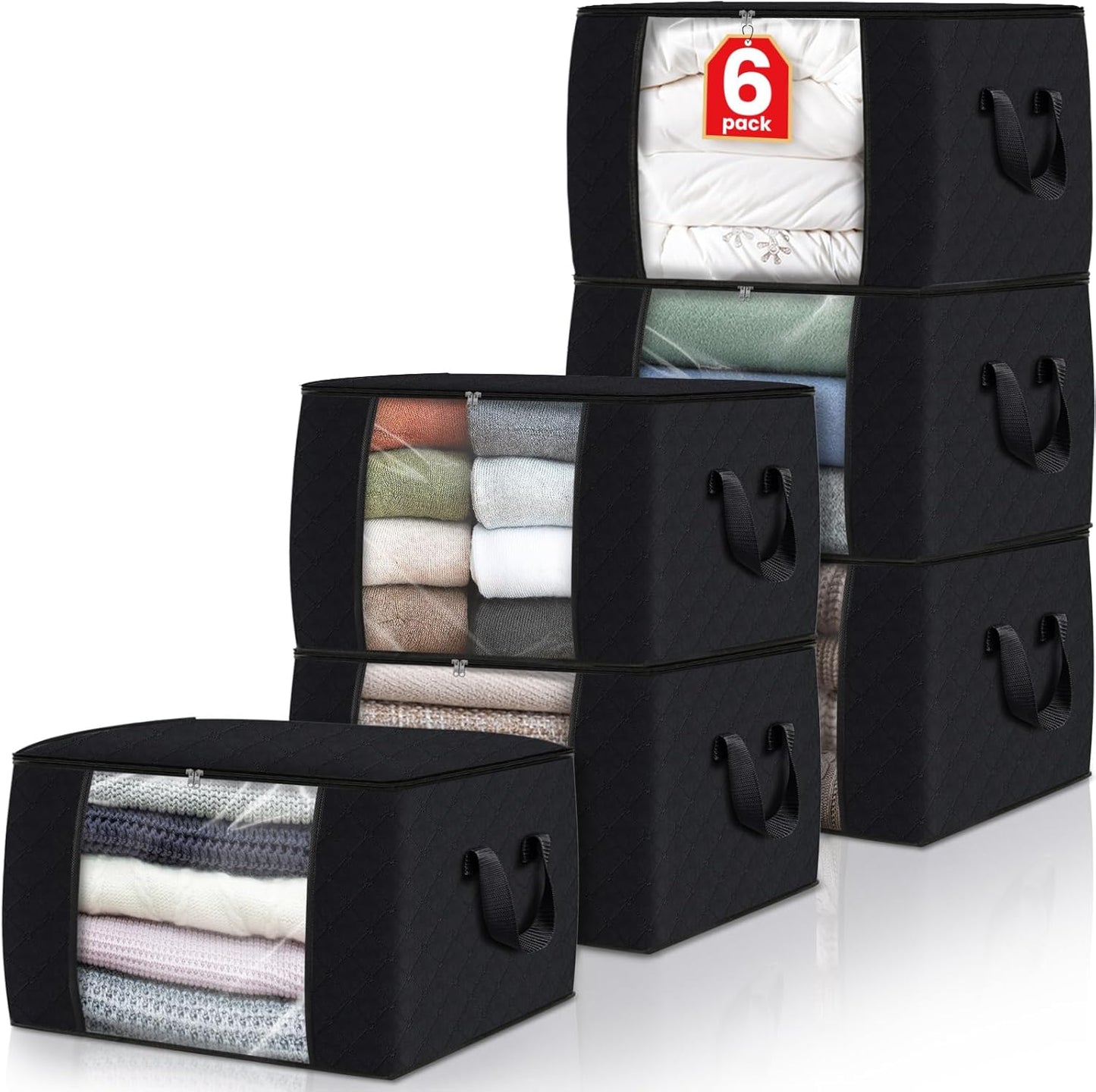 Fab totes 6 Pack Clothes Storage, Foldable Thick Fabric Blanket Storage Bags, Containers for Organizing Bedroom, Closet, Clothing, Comforter,Closet Organization with Handle,Black