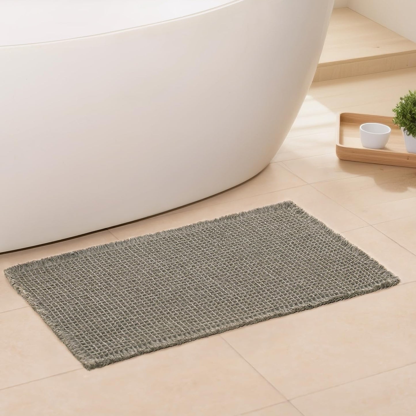 Waffle Bath Mat - Boho Bathroom Rugs Non Slip Washable, Super Absorbent & Quick Dry, Soft Bath Mat Farmhouse Bathroom Decor, 24'' x 36'', Olive Green