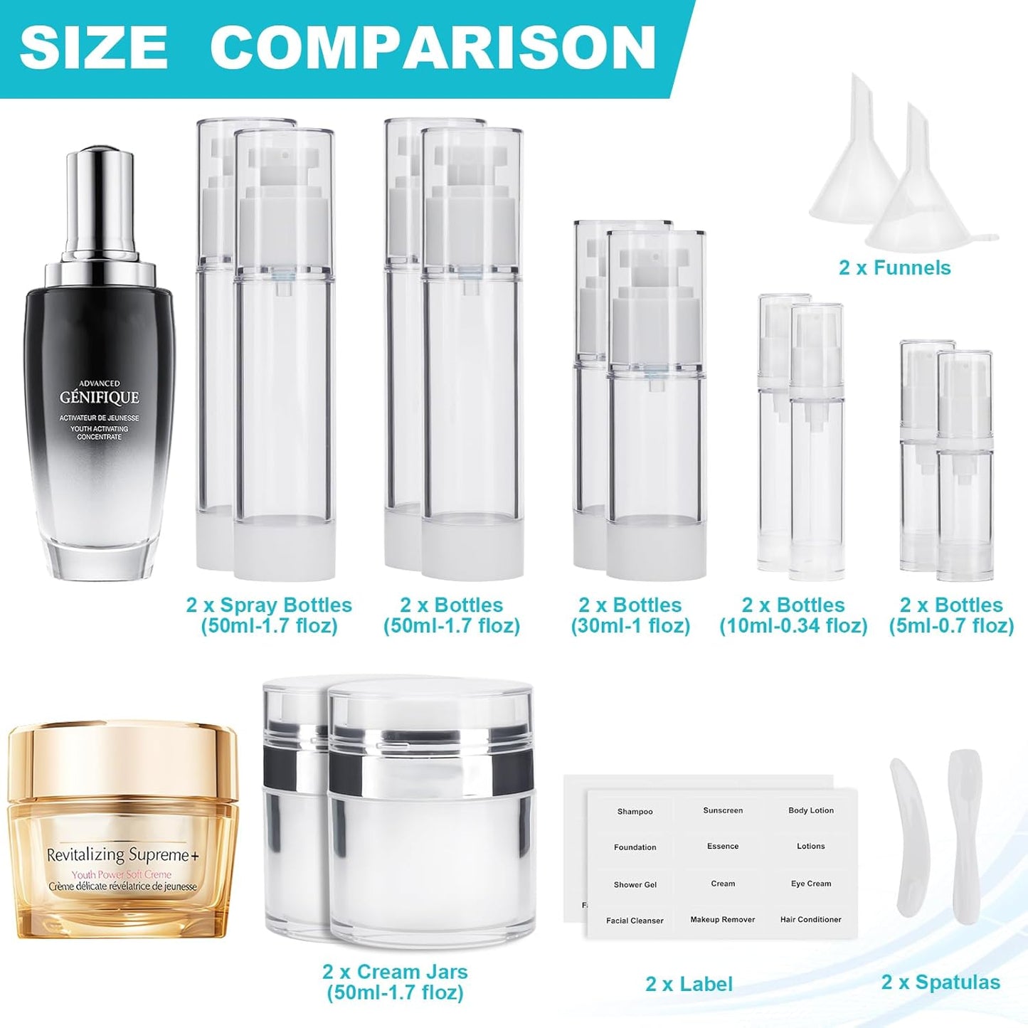 18 Pack Bubimon Airless Pump Jars, 1.7/1/0.7/0.34oz Cosmetic Containers, Leak Proof Refillable jar for Toiletries, Cream Lotion, Eye Cream, Liquid, Foundation, Shampoo (BPA Free)