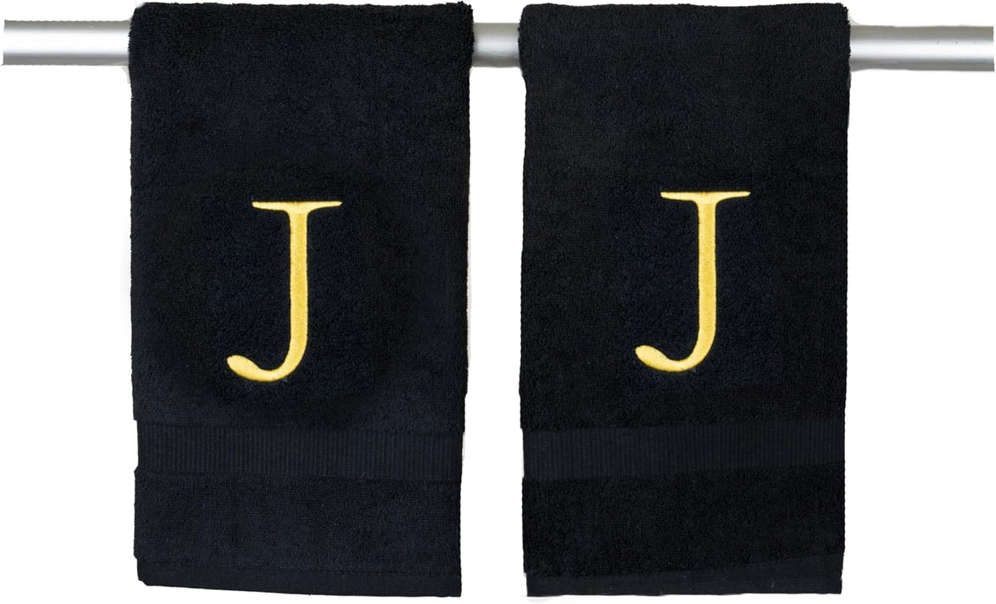 Black, Letter Hand Towel for Bathroom - Monogrammed Initial Hotel Quality Decorative Embroidered Towel for Powder Room, Spa - GOTS Organic Certified - Pack of 2, Letter J