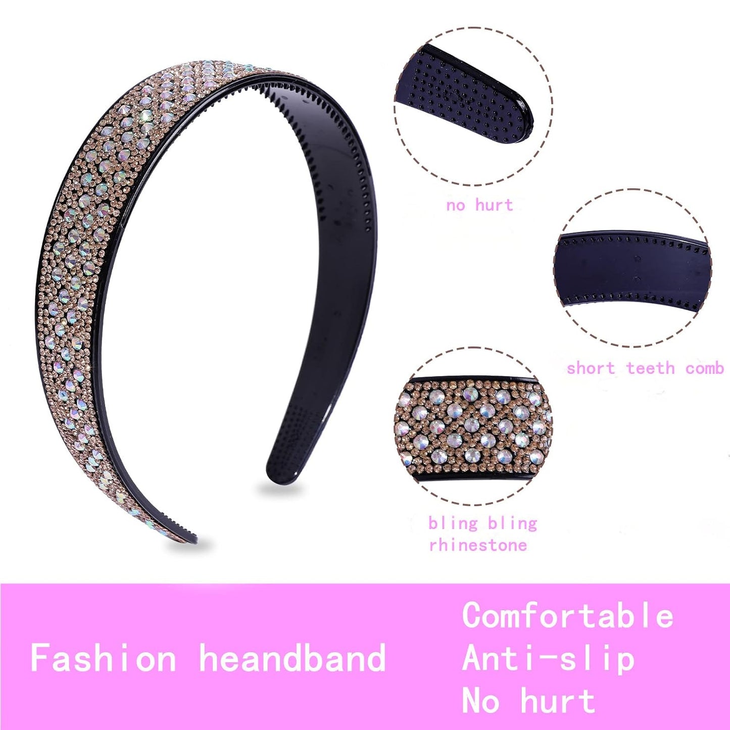 Rhinestone Headbands for Women Crystal Sparkly Headband Fashion Teeth Comb Hairbands Non Slip Hair Hoop Bling Hair Accessories for Girls Ladies with 4PCS