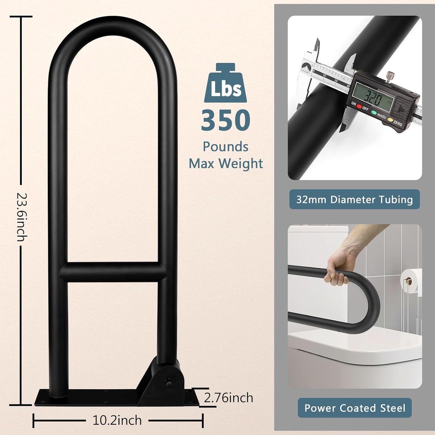 23.6 INCH Stainless Toilet Safety Rails, Matte Black Handicap Grab Bars for Elderly, Disabled Flip-Up Bathroom Grab Bar, Toilet Handrails Hand Grips Handle Shower Assist Aid