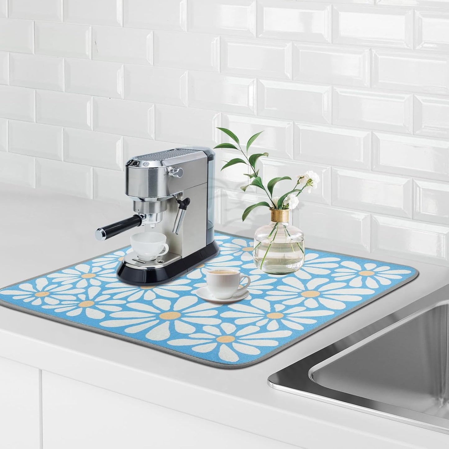 SHIYUE Dish Drying Mat for Kitchen Counter Super Absorbent Spring Kitchen Decor Microfiber Drying Matainers Rack Fast Pad Dish Drainer Mats(Sky Blue Flower,18''x24'')