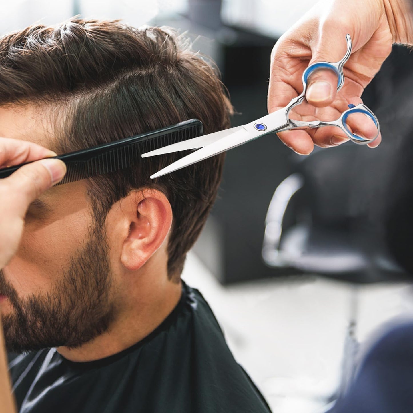 Regular Hair Cutting Shears Professional Barber Scissors Home Blue Detachable Finger Ring for Men Women Kid