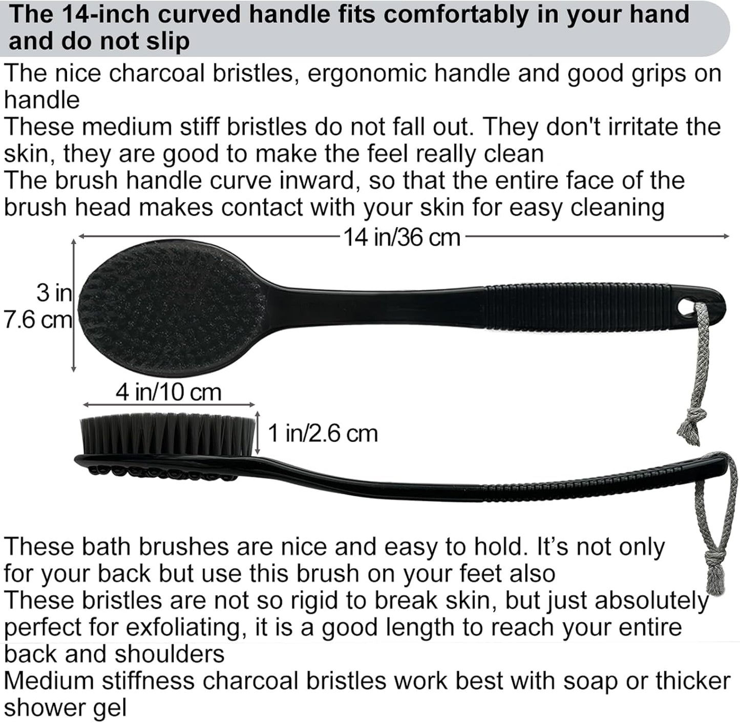 Back Bath Brush - Curved Long Handle Shower Brush with Medium Stiff Charcoal Bristles for Cleaning and Exfoliating Body, Back Scrubber for Men & Women (Black 2 Pack)