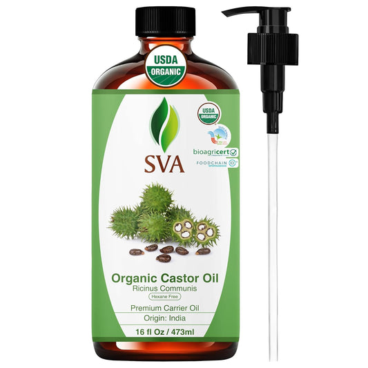 SVA Castor Seed Oil Organic - 16 Fl Oz – 100% Natural Cold Pressed Organic Castor Oil - for Face, Skin Care, Hair Care, Scalp Massage & Body Massage with Pump