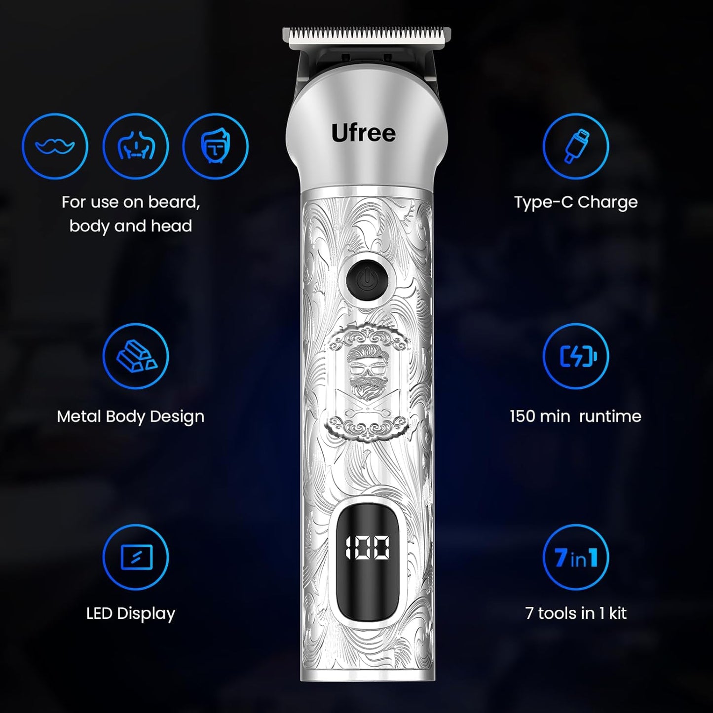 Ufree Beard Trimmer for Men, 7 in 1 Electric Shavers Razor, Cordless Hair Trimmer, Men's Grooming Kit for Body Hair, Nose, Face & Mustache, Birthday Gifts for Men, Husband Father