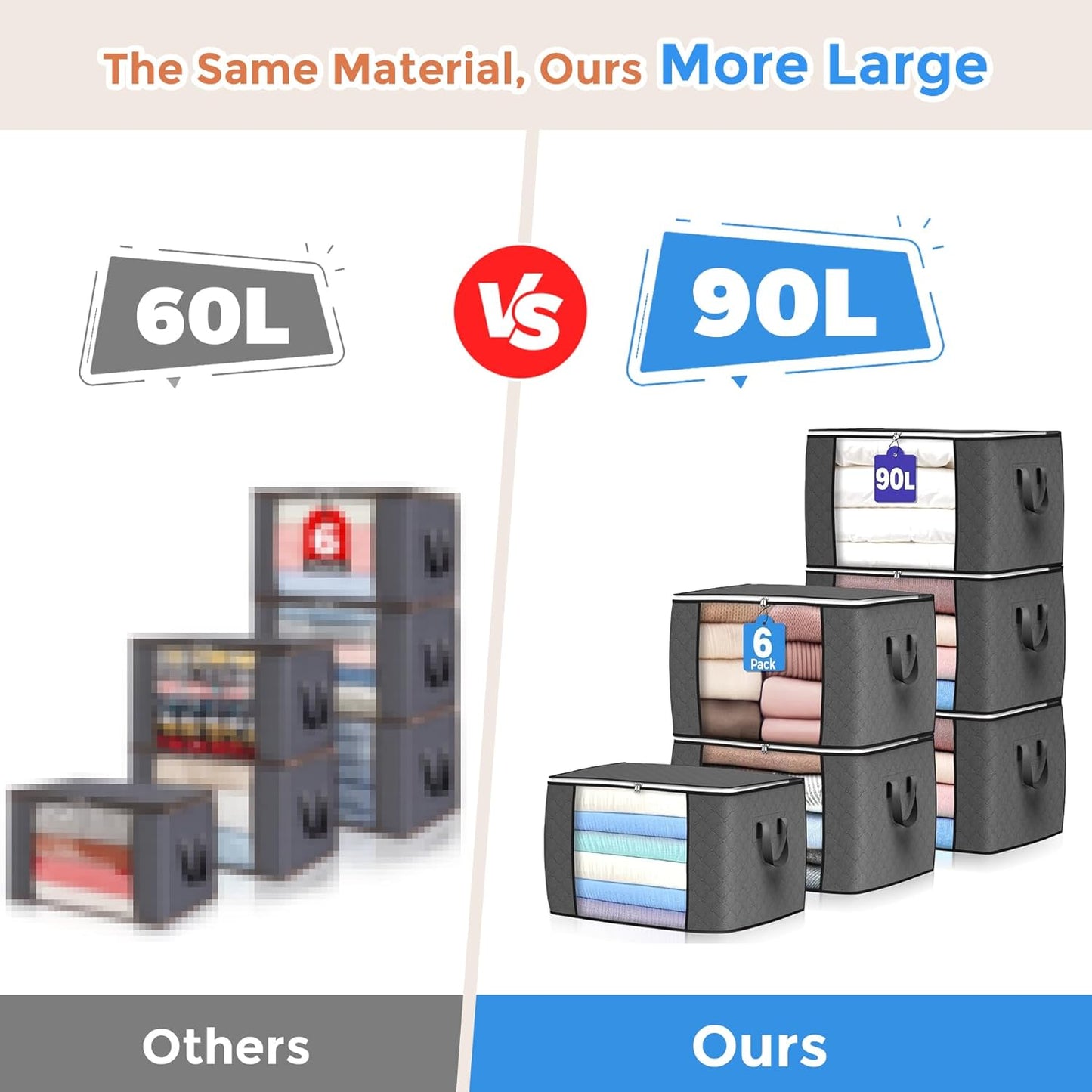 Budding Joy 90 L Large Storage Bags, 6 Pack Clothes Bins Foldable Closet Organizer Containers for Blanket, Comforters, Bed Sheets, Pillows (Pink)