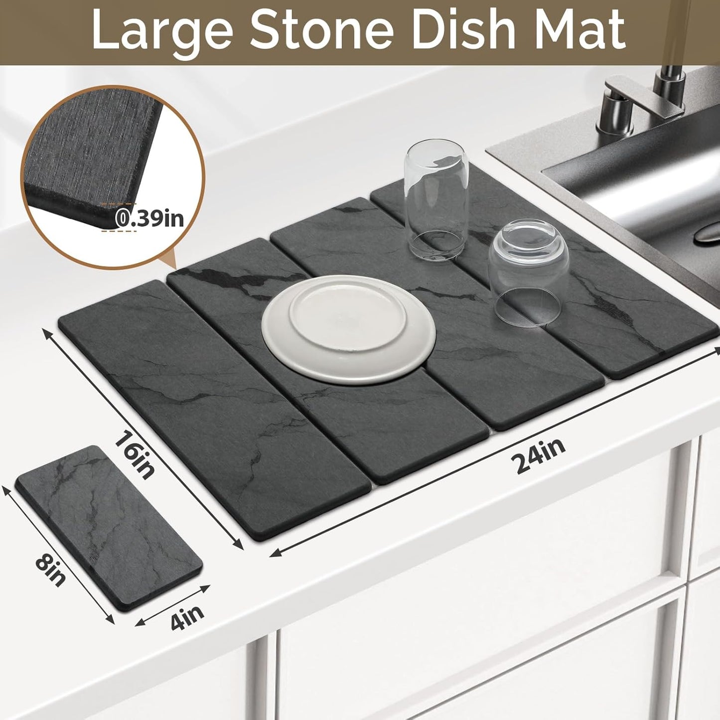 2 PCS Large Stone Dish Drying Mat for Kitchen Counter Quick Dry Stone Dishes Mats Marbled Water Absorbing Diatomaceous Earth Drying Pad for Countertop Bottles Utensils Cups (Dark gray 24"x16"&8"x4")
