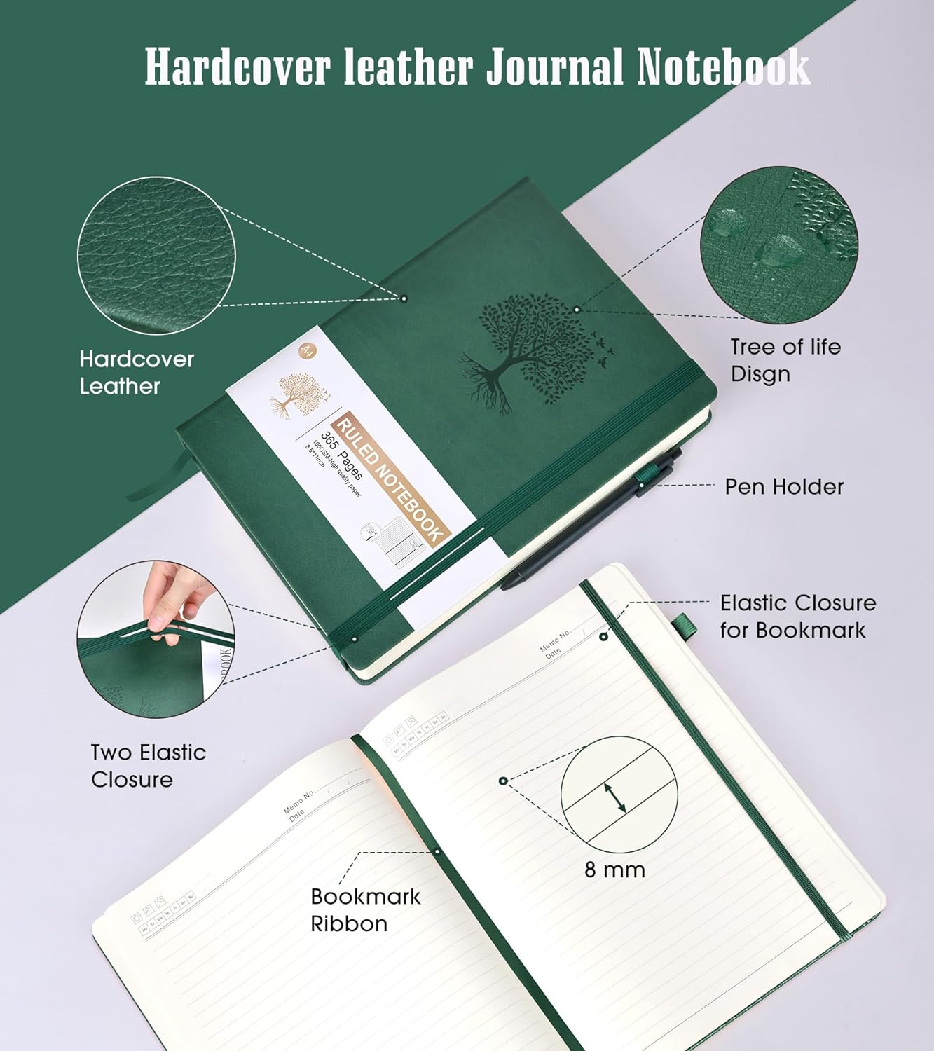 Lined Journal Notebook, 365 Pages A4 Large Journals for Writing Ruled Notebook, Hardcover Leather Journal for Women Men, Daily Journal Notebook for Work, Note Taking, 100Gsm Thick Paper ( 8.5" x 11" Green)