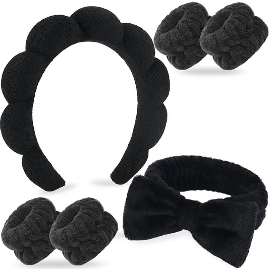 Zkptops 6Pcs Spa Headband for Washing Face Wristbands Set Women Bubble Skincare Makeup Sponge Terry Cloth Padded Puffy Headband Bow Tie Hairband Cute Non Slip Thick Hair Accessory Gifts(Black)