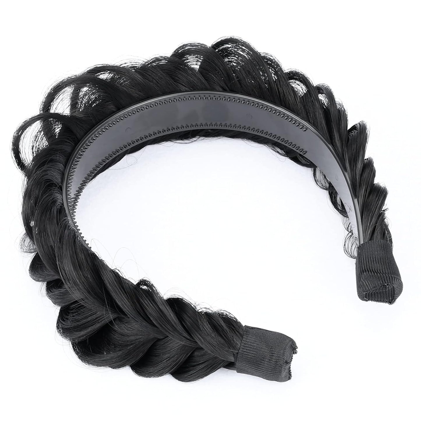 DIGUAN Wide Messy Braided Headband With Teeth Synthetic Hair Plaited Headband High Elasticity Braids Chunky Fishtail Braided Hair Band Hairpiece for Girls Women (Natural Black)