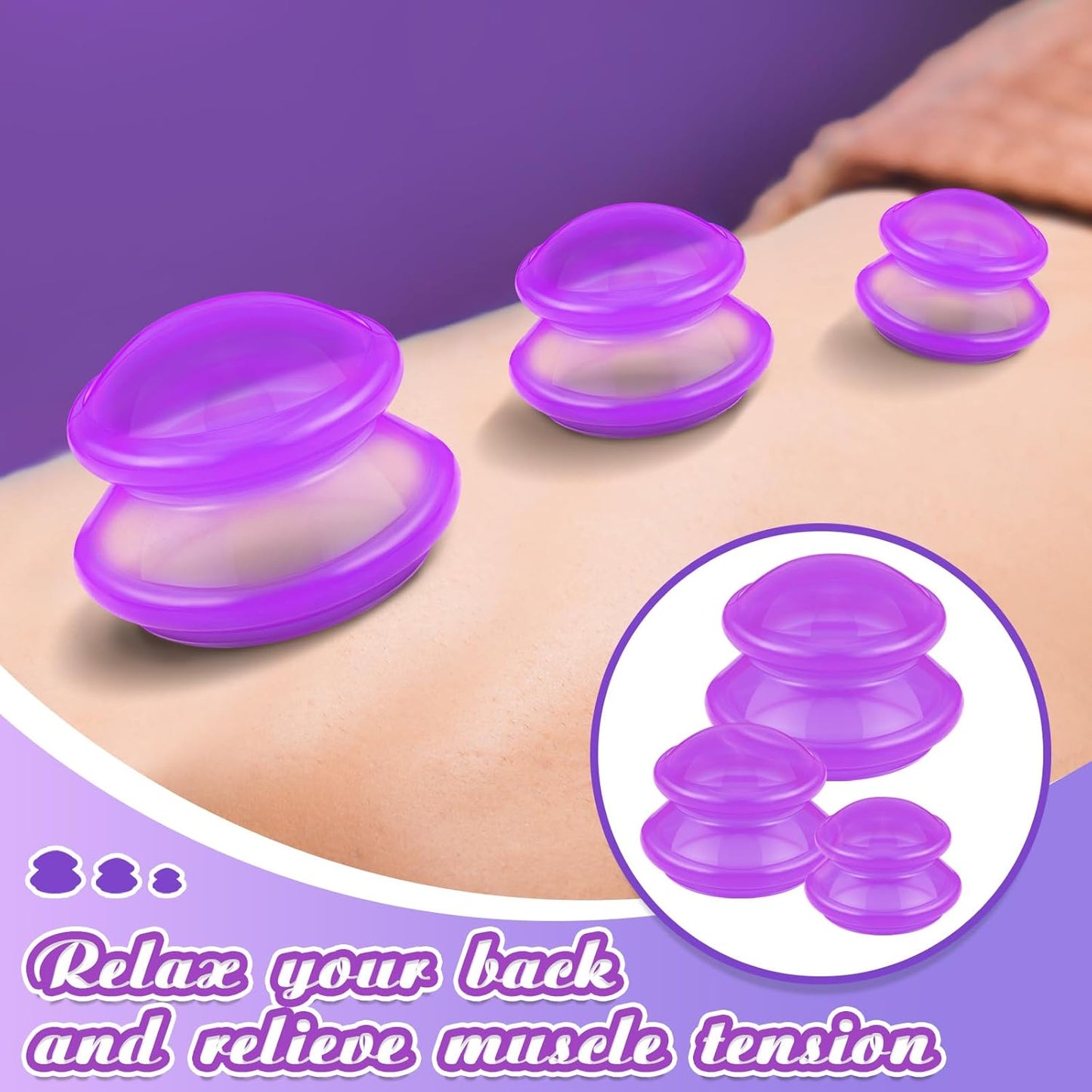 TrelaCo 6 Pcs Cupping Kit for Massage Therapy 3 Sizes Silicone Cupping Set Chinese Massage Therapy for Studio Household Cellulite Joint Pain Muscle Pain(Clear Purple)