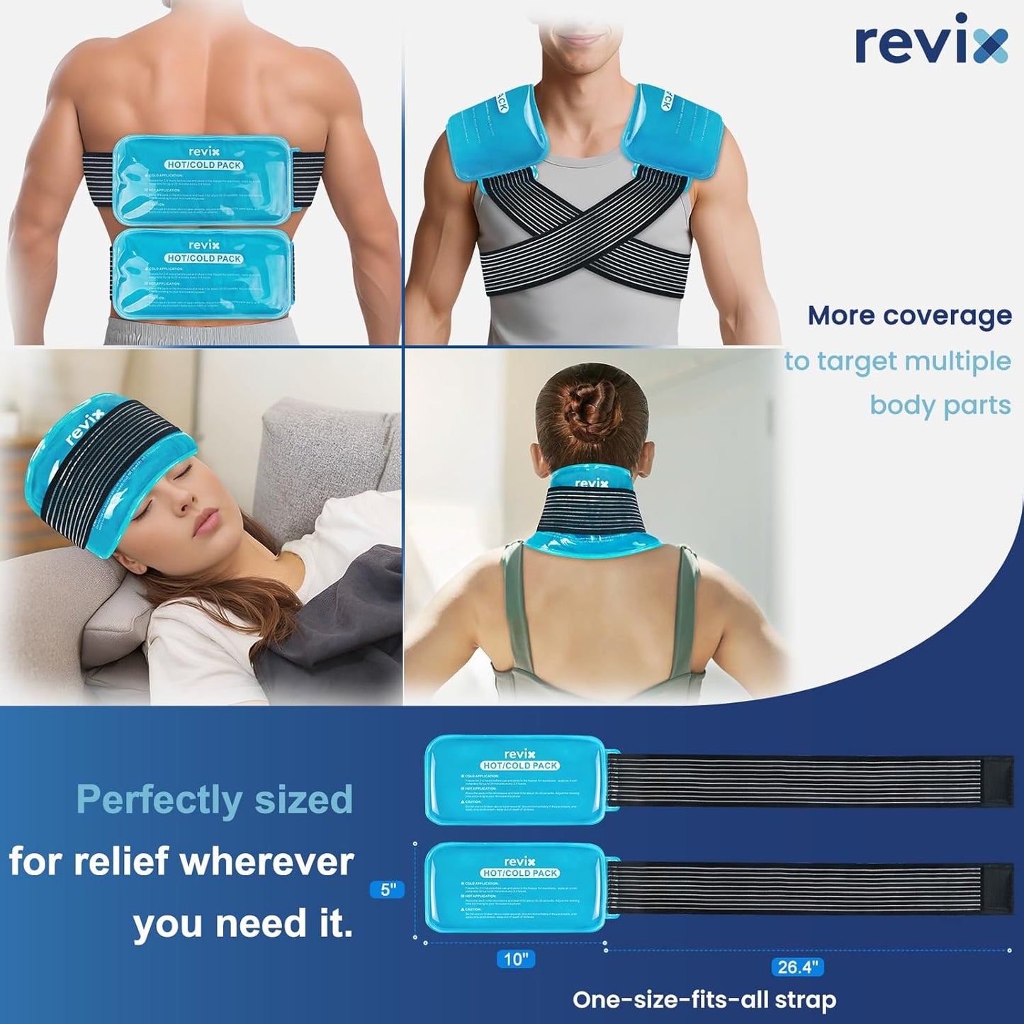 REVIX Large Ice Packs for Injuries Reusable, 2 Packs Hot & Cold Gel Ice Packs with PVC Cooling Design & Adjustable Strap, Flexible Therapy on Joints, Muscles, Shoulder, Back and Knee (12" x 6" Blue)