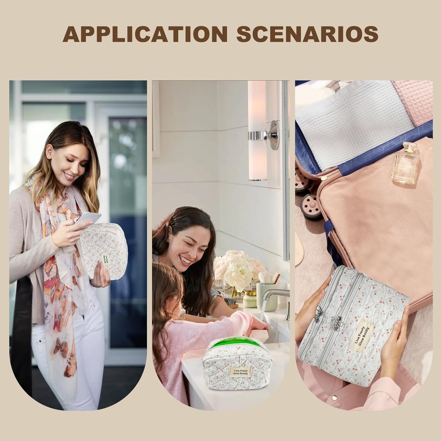 3Pcs Large Travel Quilted Makeup Bag, Double Layer Cute Floral Cotton Toiletry Bag, Aesthetic Flower Cosmetic Bag Coquette Skincare Organizer Bag for Women (79-Cherry)