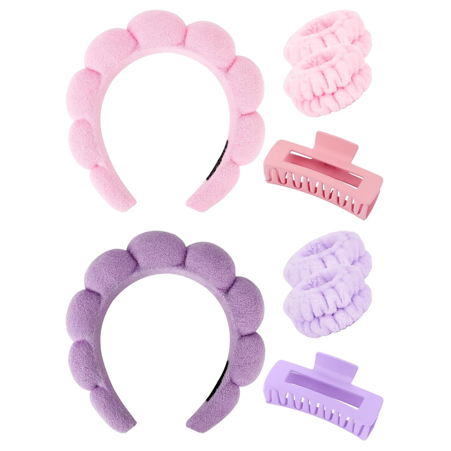 Wecoe Pink Purple Spa Headband And Wristband Set Skincare Headband For Washing Face Hair Claw Clips For Thick Hair Cute Puffy Sponge Bubble Makeup Head Band Wrist Towels Scrunchies For Women Girls